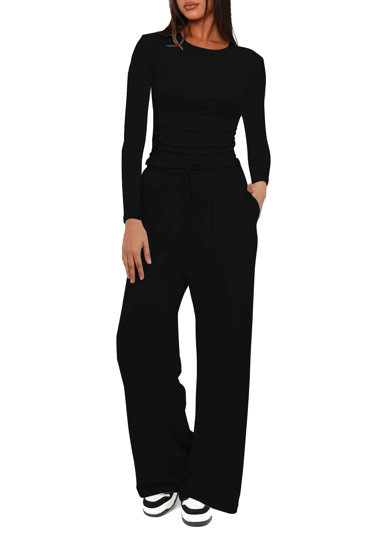 Autumn Winter Trend Fashion Women's Two Pieces Set Solid Casual O Neck Long Sleeve T-shirts & High Waist Wide Leg Pants Sets
