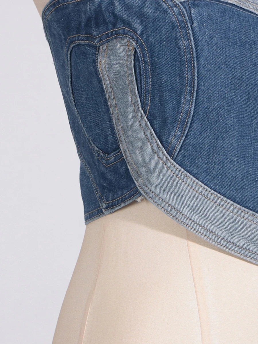 CHICEVER Retro Hot Girl Two Piece for Women Strapless Sleeveless Patchwork Denim Vest  Irregular Hollow Pant Summer Suit Female