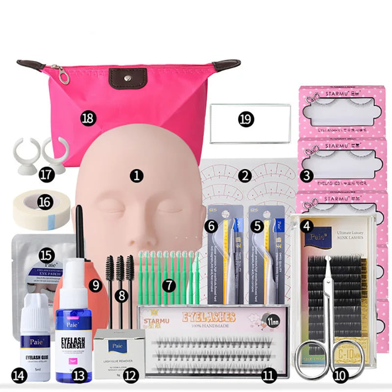 False Eyelash Extension Kit Set for Beginner Lash Brush Tweezers Glue Ring Eye Pad Eyelash Extension Supplies Lash Accessories
