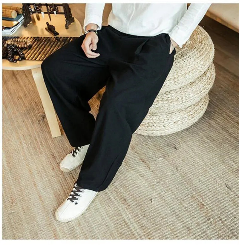 Large Size 6XL 7XL Men's Wide Leg Pants Cotton Linen Loose Harem Pants Summer Trousers Male Loose Pants Drawstring men clothing