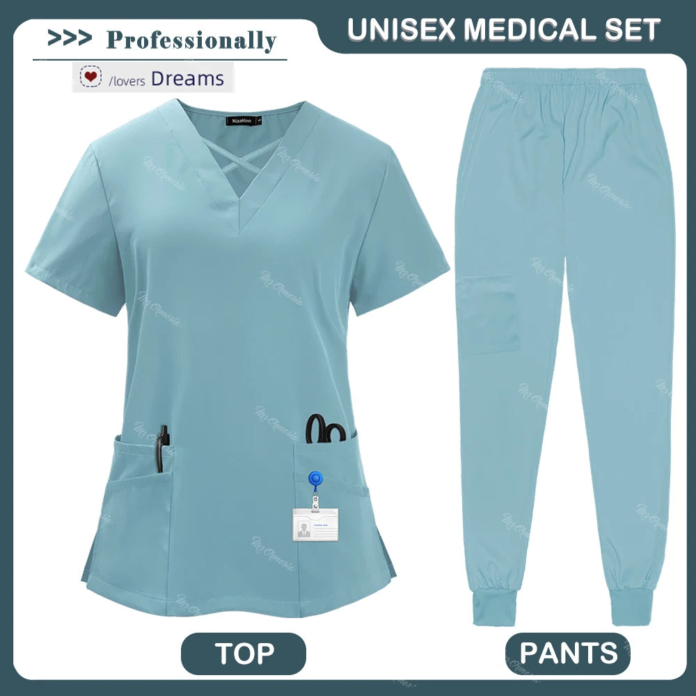 Beauty Tops+pants Medical Uniform Surgery Scrubs Set Short Sleeve Pet Shop Doctor Nurse Nursing Uniform Women Workwear Scrub Set