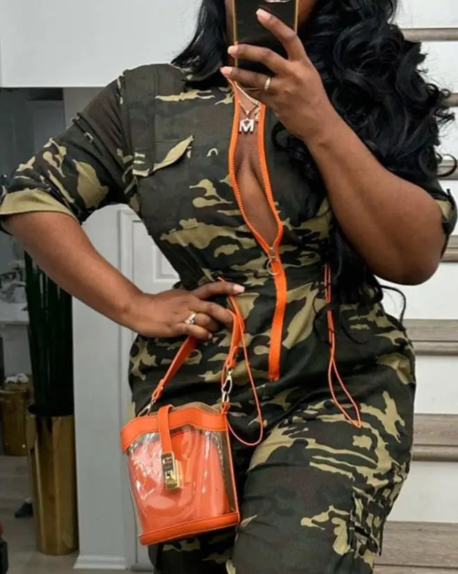 Fashion Jumpsuits for Woman 2025 Summer Camouflage Print Zipper Pocket Design Casual One Pieces Jumpsuit Streetwear Y2K Clothing