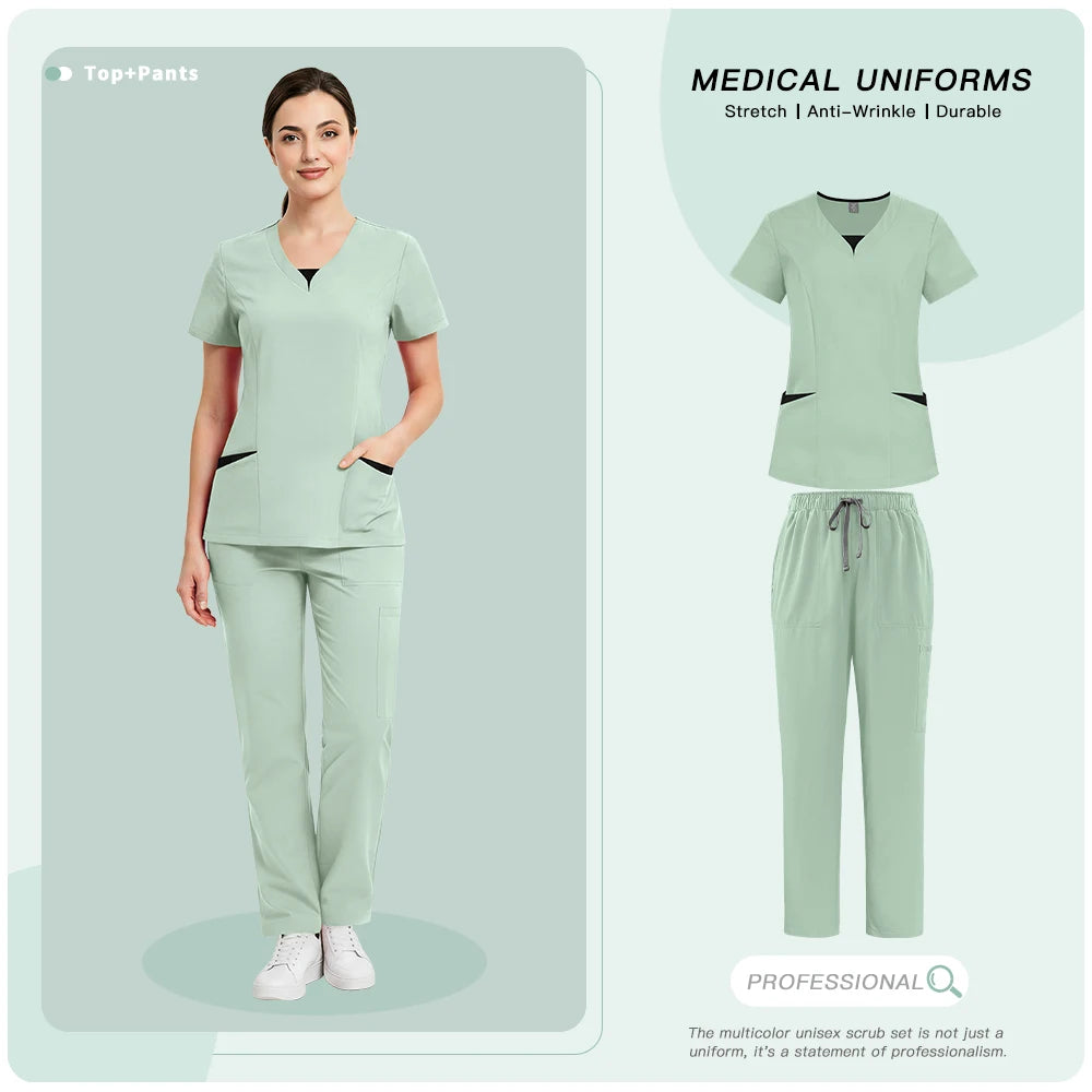 Medical Uniforms for V-neck Hospital Nurse Scrubs Set Women Doctor Workwear Oral Dental Surgery Work Top+Pants New Beauty Suit
