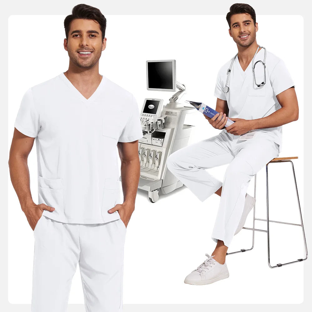 Scrubs Uniform Men Workwear Lab Work Clothes Uniforms Health Service Nursing Uniforms Short Sleeve V-neck Scrubs Tops+Pants Suit
