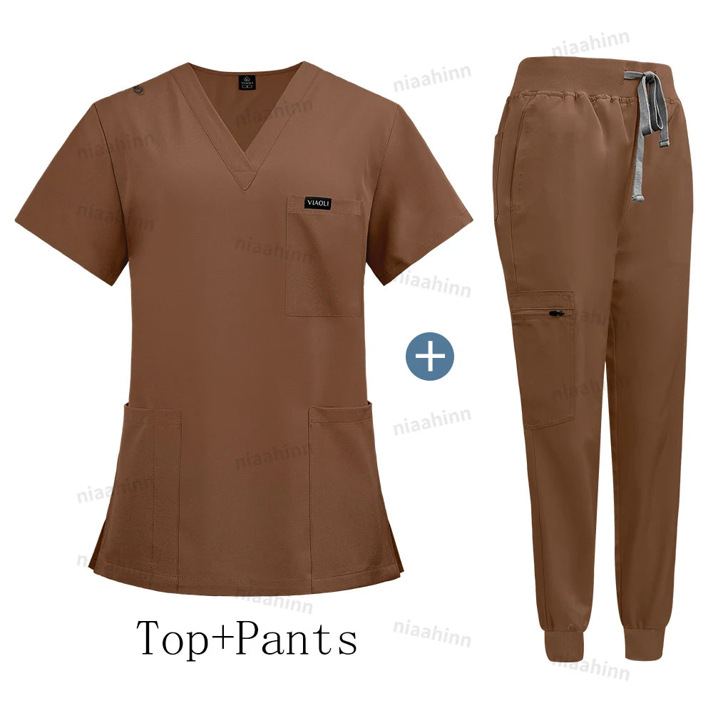 Wholesale Price Clinical Uniform Woman Hospital Doctor Work Wear Nurse Medical Clothing Short Sleeved Top Jogging Pants Set Mens