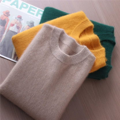 Autumn Winter Sweater Pullover Women's Clothing 100% Mink Cashmere Sweater Pullover O-Neck Basic Long Sleeve Warm Fleece Knitted