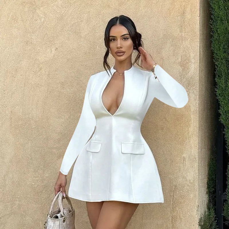 NIDANSSI White Deep V Pockets Evening Party Dress Women 2024 Robes Elegant Sexy Dress Bodycon Zipper Mini Autumn Dress Vestidos