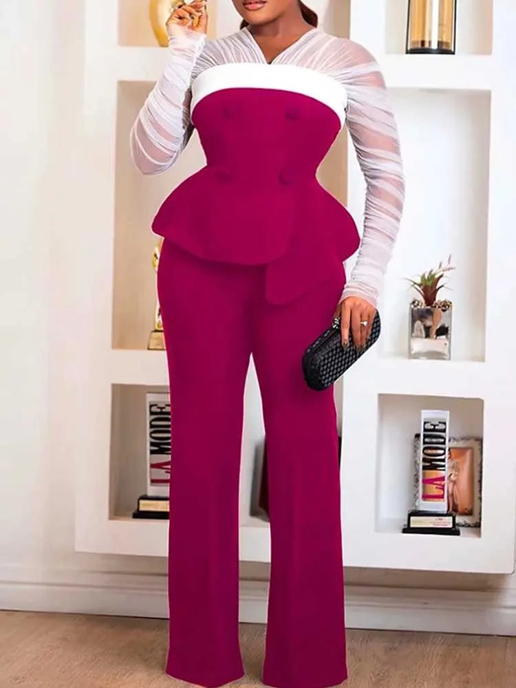 Women Elegant Two Piece Pants Set Female Office Wear White Mesh Sleeves Slim Top and Slacks Pant Sets Sexy Chic Spring Outfits