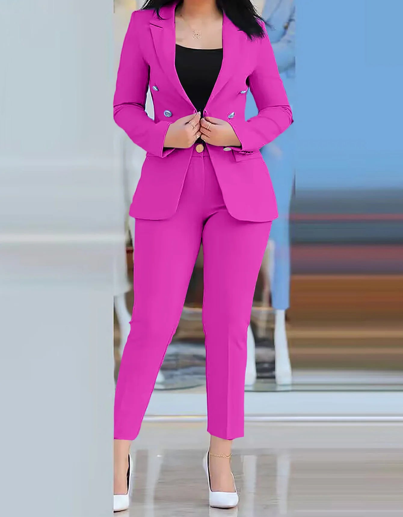 Sets for Women 2 Pieces 2023 Autumn Fashion Notched Neck Long Sleeve Blazer & Elegant High Waist Work Pants Set Office Lady