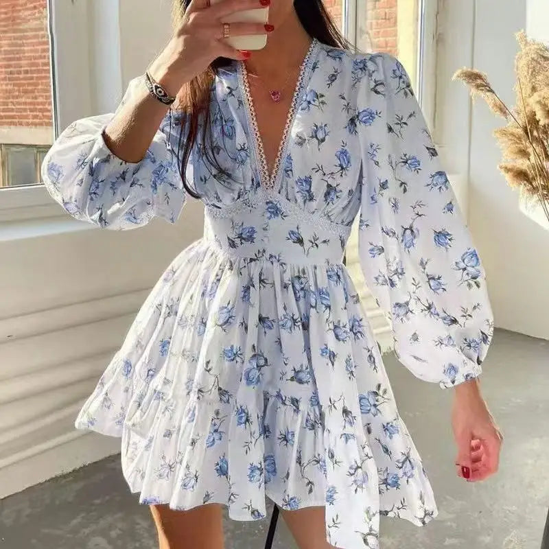 2025 New Women Summer Mini Dress Long Sleeve Flower Print Boho Dress Sexy V-Neck High Waist A-Line Dress Vestidos Clothes