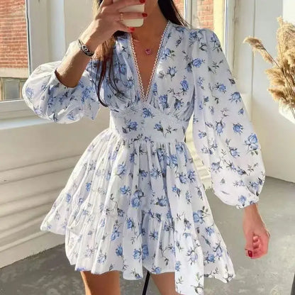 2025 New Women Summer Mini Dress Long Sleeve Flower Print Boho Dress Sexy V-Neck High Waist A-Line Dress Vestidos Clothes