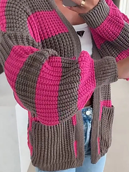 Autumn Winter Warm Knitted Sweater for Women Fashion Contrast Color Loose Top Cardigan Casual Long Sleeve Pocket Jumper Harajuku