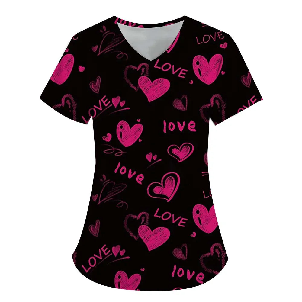 Heart Print V-Neck Stretchy Medical Uniform for Women Casual Short Sleeve Patched Pockets Tops Scrubs Medical Uniforms Woman
