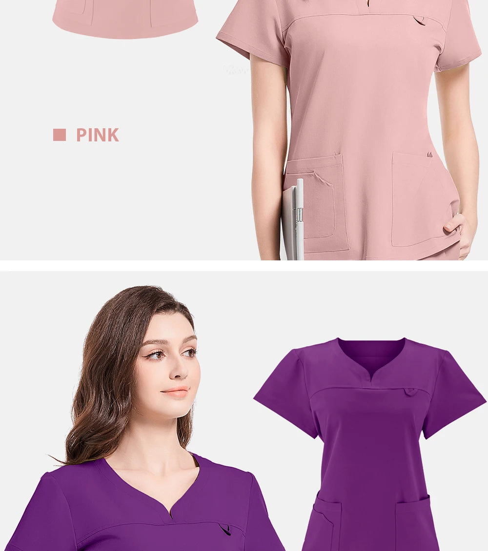 Slim fitting elasticity nurse scrubs tops dentistry doctor lab spa uniform surgical Scrub shirt for woman pharmacy pet hospital