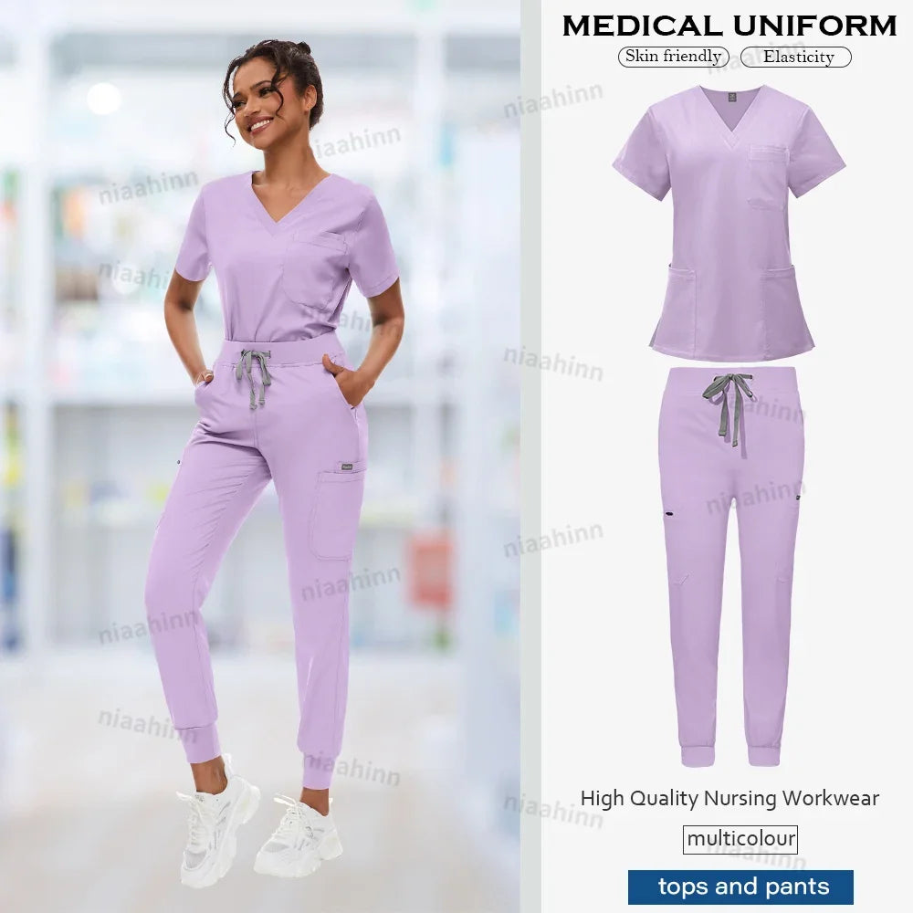 Doctor Nursing Uniforms Multicolour Jogger Suit V-neck Tops Pocket Pants Nurse Scrubs Set New Medical Clinical Clothes Women Men