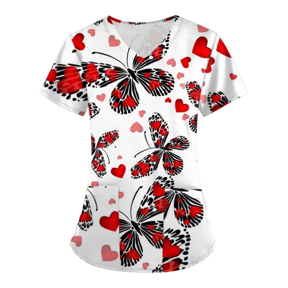 Clinical Uniform Woman V-Neck with Pocket Nurse Uniforms Comfortable Valentine's Day 3D Pattern Printed Women's Medical Uniform