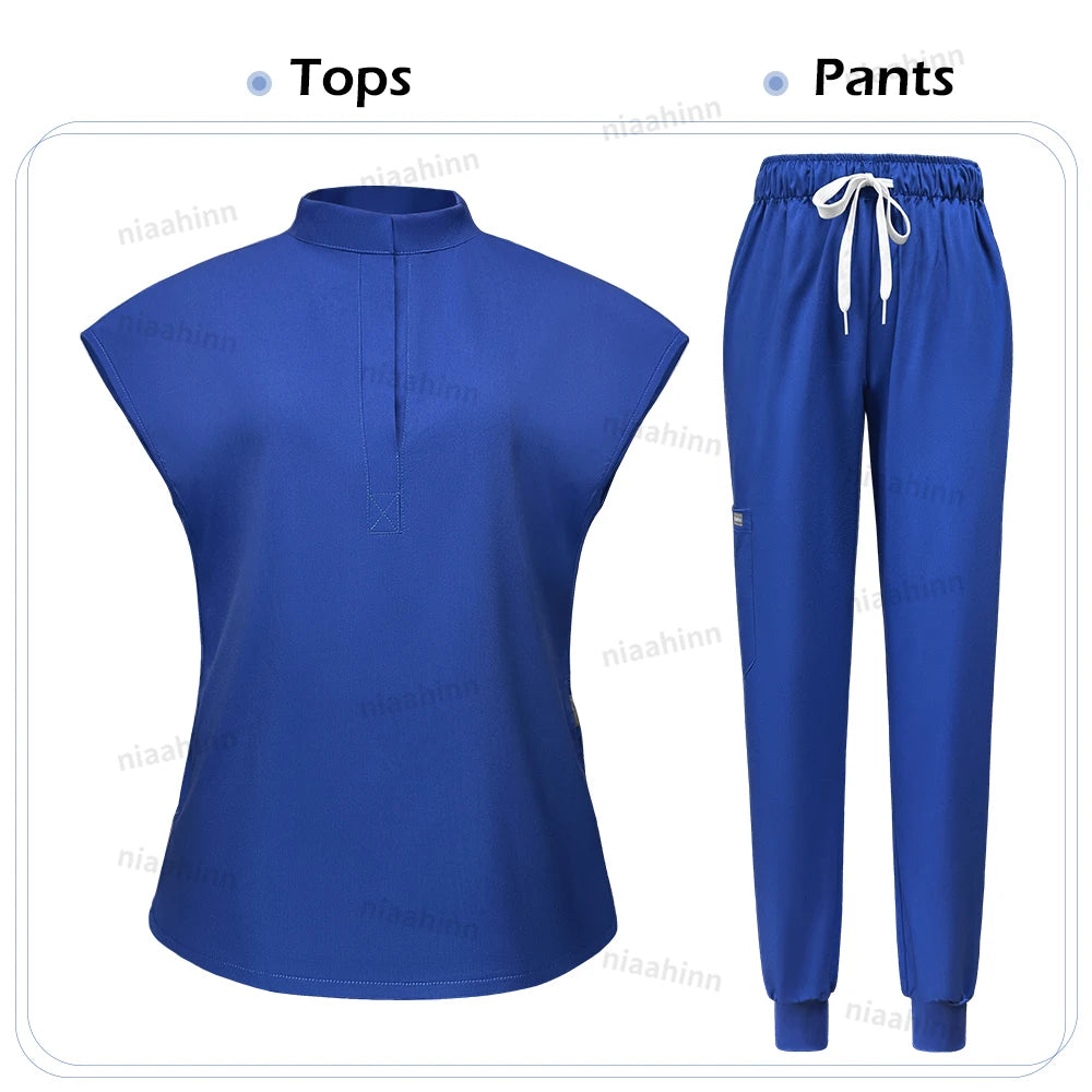Niaahinn Scrubs Hot Sales Jogger Scrub Sets Women Solid Color Breathable Work Clothes Lab Coat Uniform Hospital Doctor Work Wear