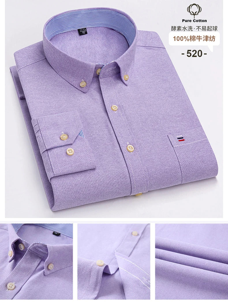 New S-7XLCotton Oxford Shirt For Mens Long Sleeve Plaid Striped Casual Shirts Male Pocket Regular-Fit Button-Down Work Man Shirt