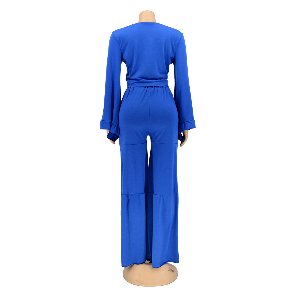 Casual Spring And Autumn For Women's Solid Color Long Sleeved Chest Wrap Top and Wide Leg Trousers Female Office 2 Piece Set