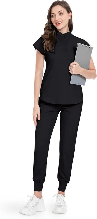 niaahinn Scrubs Set for Women Nurse Uniform Jogger Suit Stretch Top & Pants with Multi Pocket for Nurse Esthetician Workwear