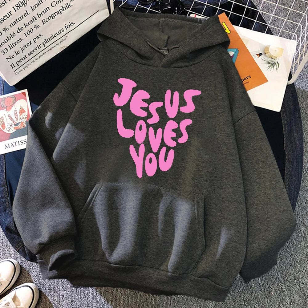 Jesus Loves Me Letter Funny Prints Hoodies Women Autumn Warm Sweatshirt Fleece All-Match Clothes Pocket Oversized Hoody