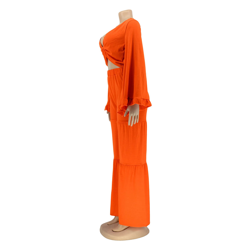 Casual Spring And Autumn For Women's Solid Color Long Sleeved Chest Wrap Top and Wide Leg Trousers Female Office 2 Piece Set