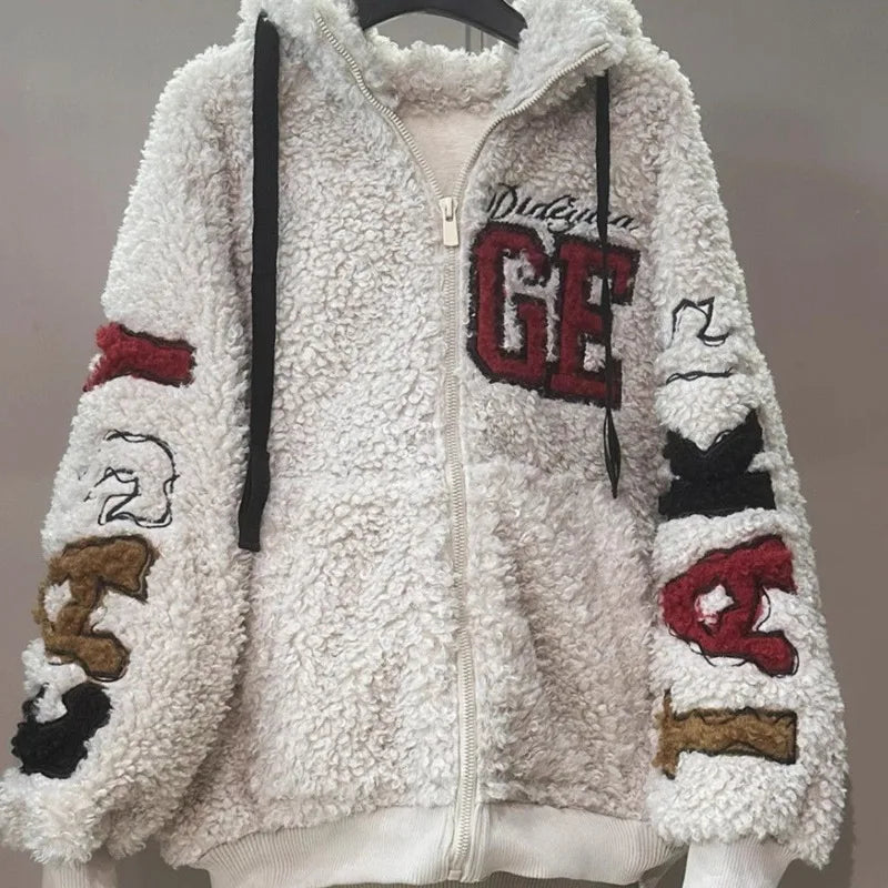 Oversize Winter Clothes Women New Heavy Craftsmanship Cartoon Daisy Embroidery Lamb Wool and Velvet Hooded Jackets for Women