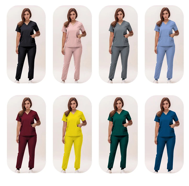 Short Sleeves Nurse Uniforms V-neck Top Jogger Pants  Women Surgical Scrubs Dentist Nursing Suit Pet Hospital Doctor Outfit S21