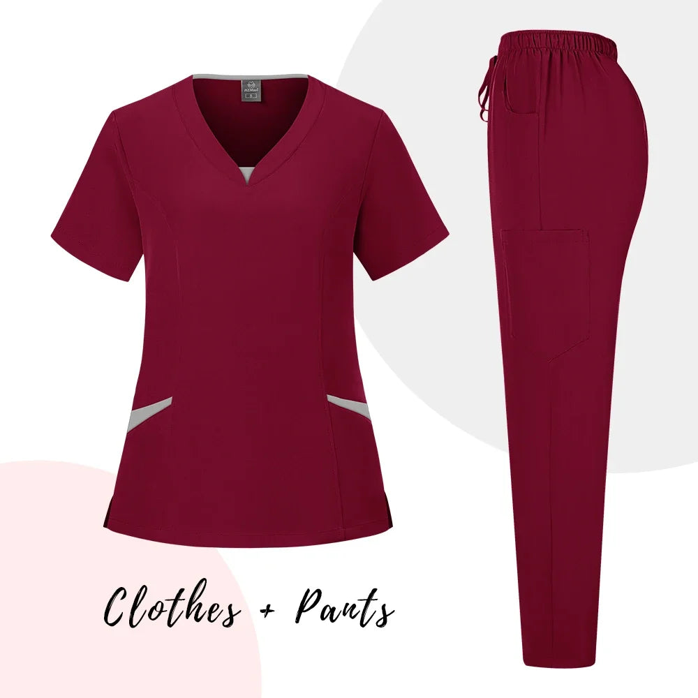 New Scrubs Uniform Suit Short Sleeve V-neck Tops+ Pants Set Nursing Uniform Women Multicolor Pet Doctor Scrub Medical Workwear