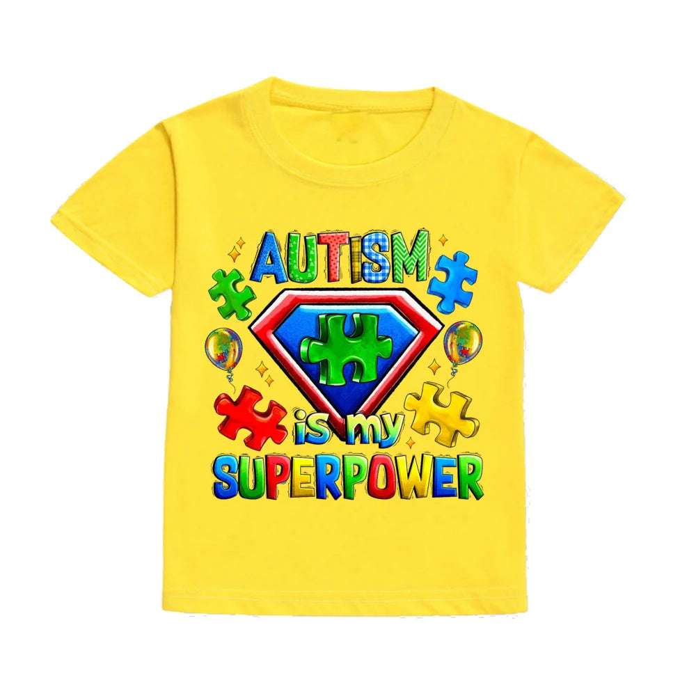 Autism Is My Superpower Kids Tshirt Autism Awareness Youth Shirt Toddler Short Sleeve Clothes Colorful Puzzle Boys Tee