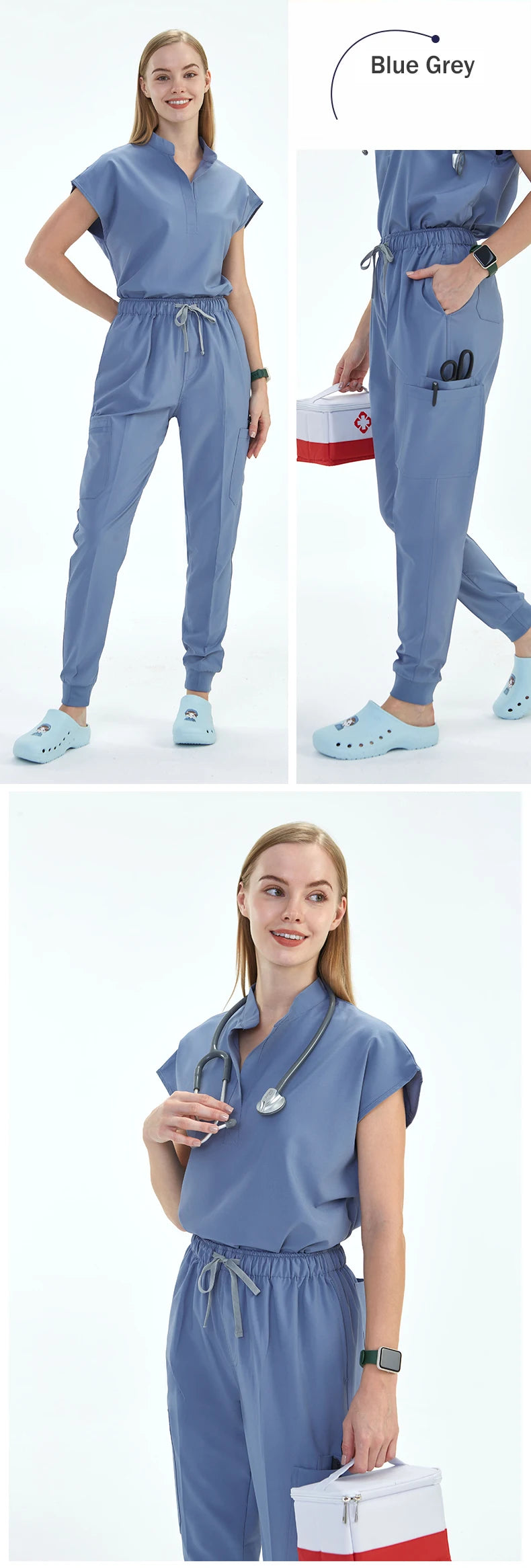 Premium Women's Scrub Sets Mandarin Collar Nurse Uniform Doctor Clothes Tunic Jogger Pant Surgical Scrubs Outfit 10 Pockets S180