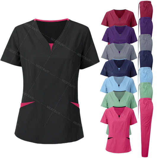 Scrub Set for Women Nurse Blouses Trendy V Neck Plus Size Nursing Blouse Beautiful Solid Color Workwear Scrub Tops and Pants