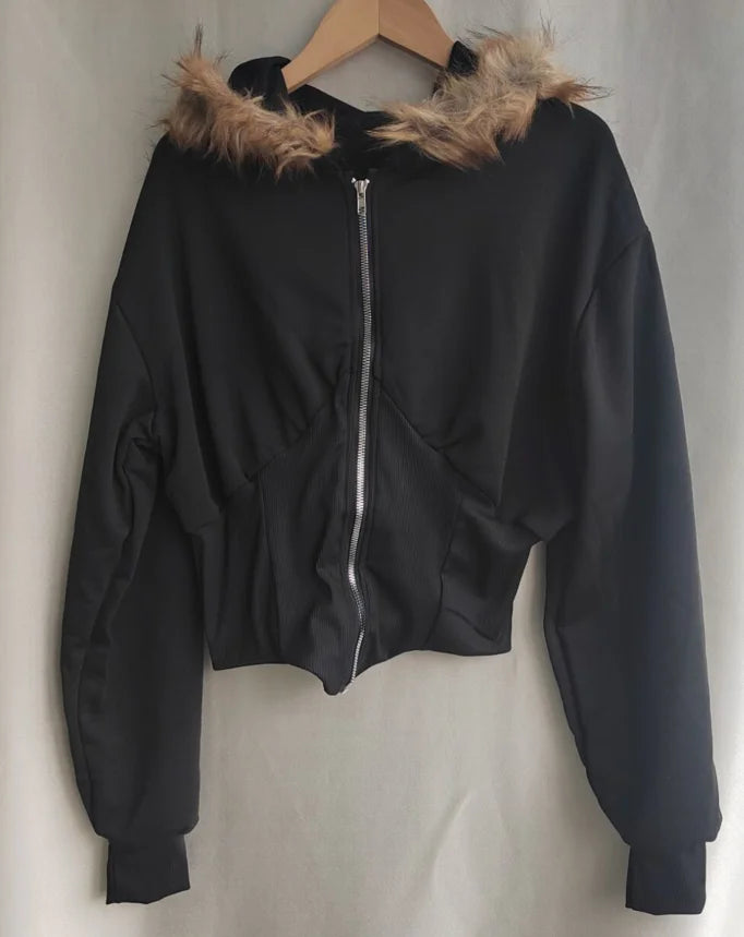 Patchwork Furry Hooded Sweatshirt for Women Y2k Tops Streetwear Casual Hoodies 2025 Ropa Mujer Korean Fashion Zipper Crop Hoodie