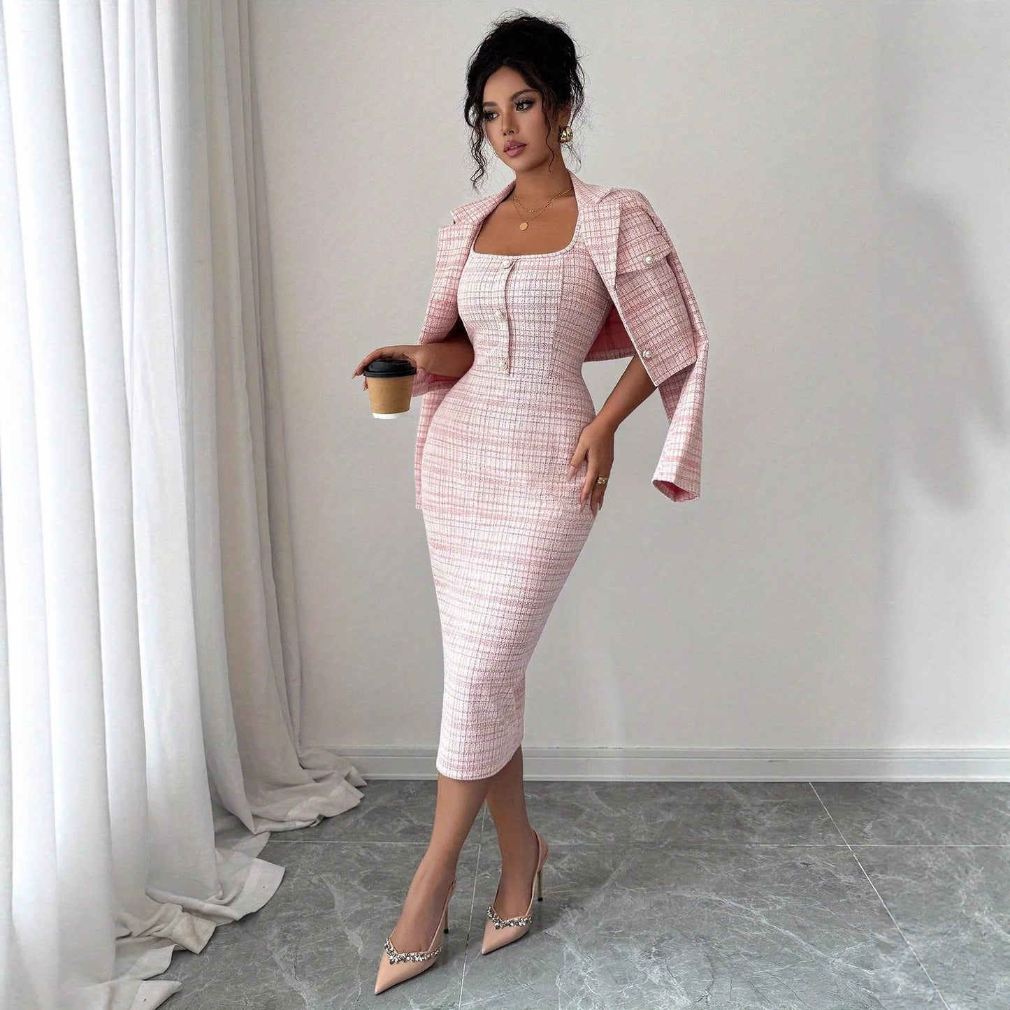 Dress Suits Women Coat Sheath Dresses 2 Piece Sets Suit Jacket Sundress Plaid Print Outfits Vestidos Office Lady Spring 2026