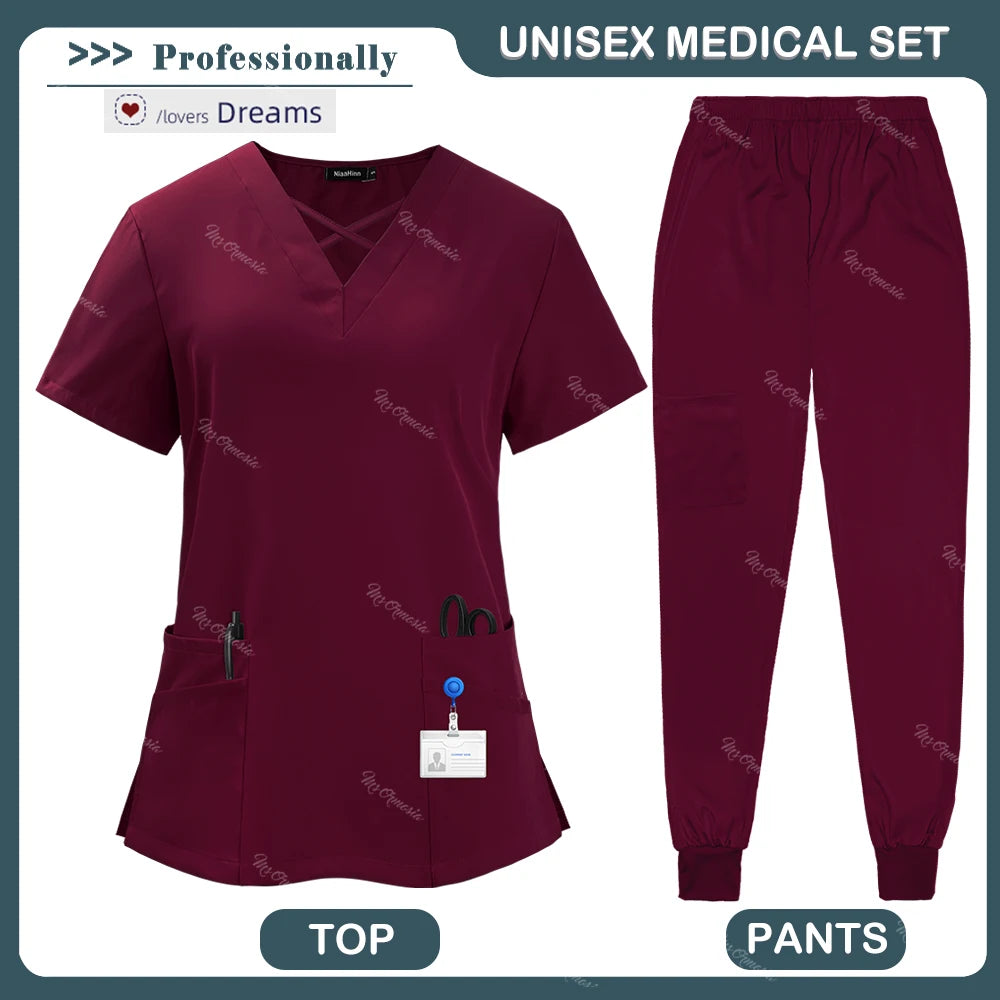 Beauty Tops+pants Medical Uniform Surgery Scrubs Set Short Sleeve Pet Shop Doctor Nurse Nursing Uniform Women Workwear Scrub Set