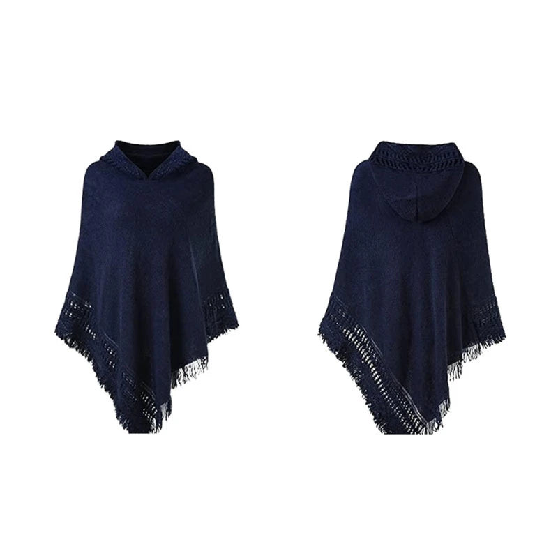 Women Winter Warm Knitted Hooded Poncho Cape Solid Color Crochet Fringed Tassel Shawl Wrap Oversized Pullover Cloak Sweater Top