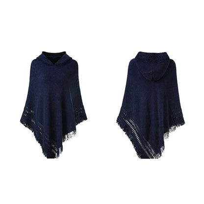 Women Winter Warm Knitted Hooded Poncho Cape Solid Color Crochet Fringed Tassel Shawl Wrap Oversized Pullover Cloak Sweater Top
