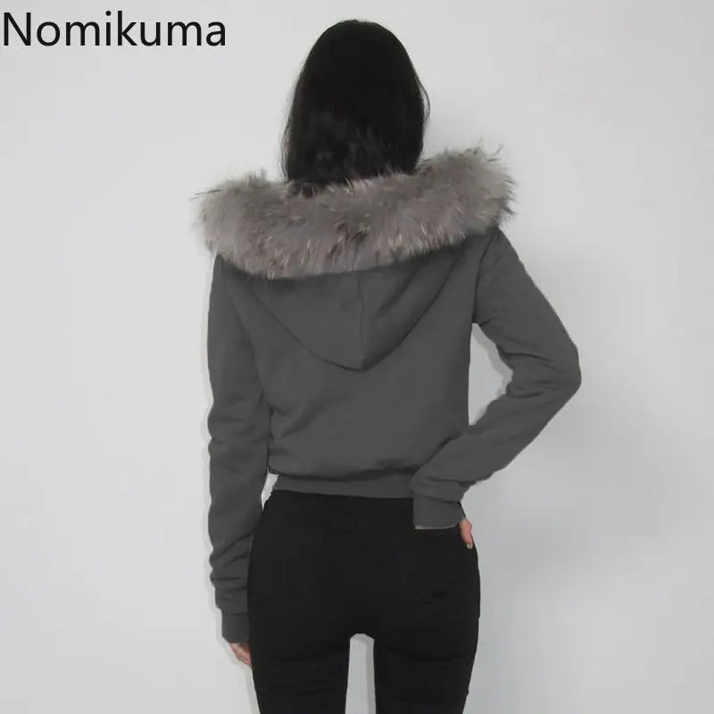 Patchwork Furry Hooded Sweatshirt for Women Y2k Tops Streetwear Casual Hoodies 2025 Ropa Mujer Korean Fashion Zipper Crop Hoodie