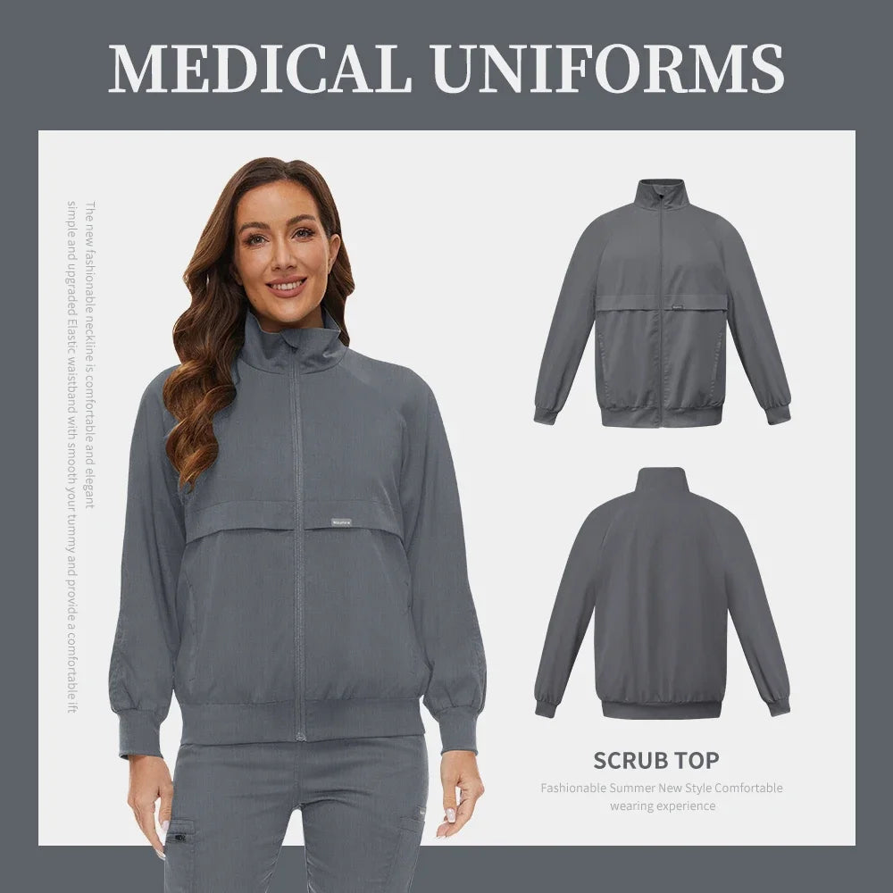 Scrub Jackets Warm Up Medical Scrub Jackets for Women Zip Front Long Sleeved Jacket Doctor Nursing Scrub Outerwear Workwear Tops