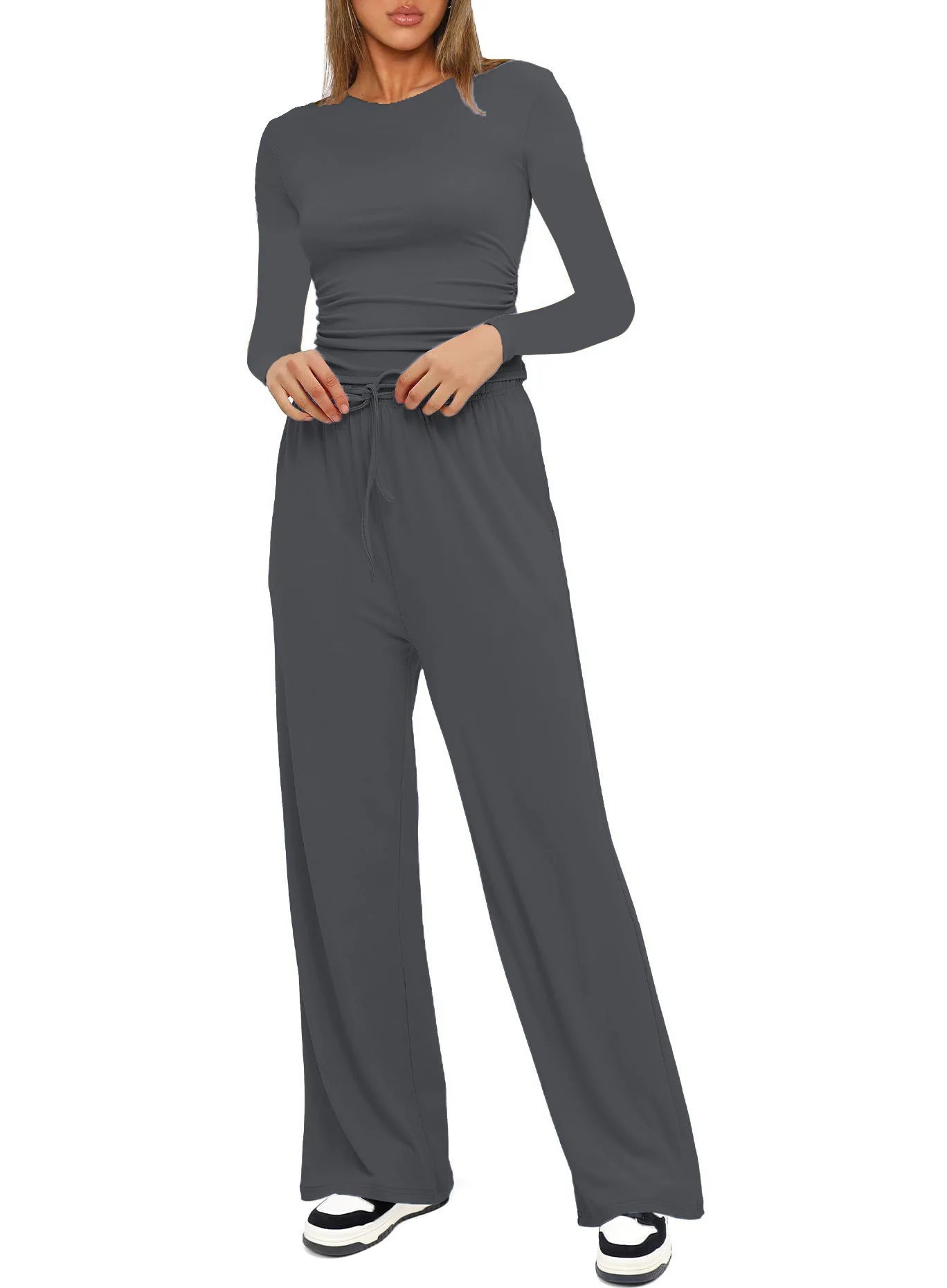 Autumn Winter Trend Fashion Women's Two Pieces Set Solid Casual O Neck Long Sleeve T-shirts & High Waist Wide Leg Pants Sets