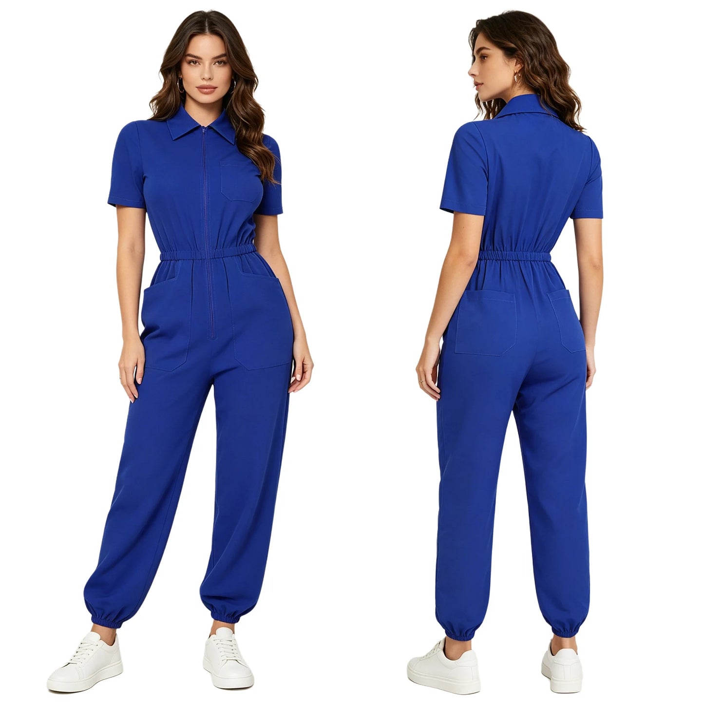 Women Scrub Jumpsuit Nurse Doctor Medical Esthetician Workwear Short Sleeve Multi-pockets Elastic Waist Jogger Pants Rompers