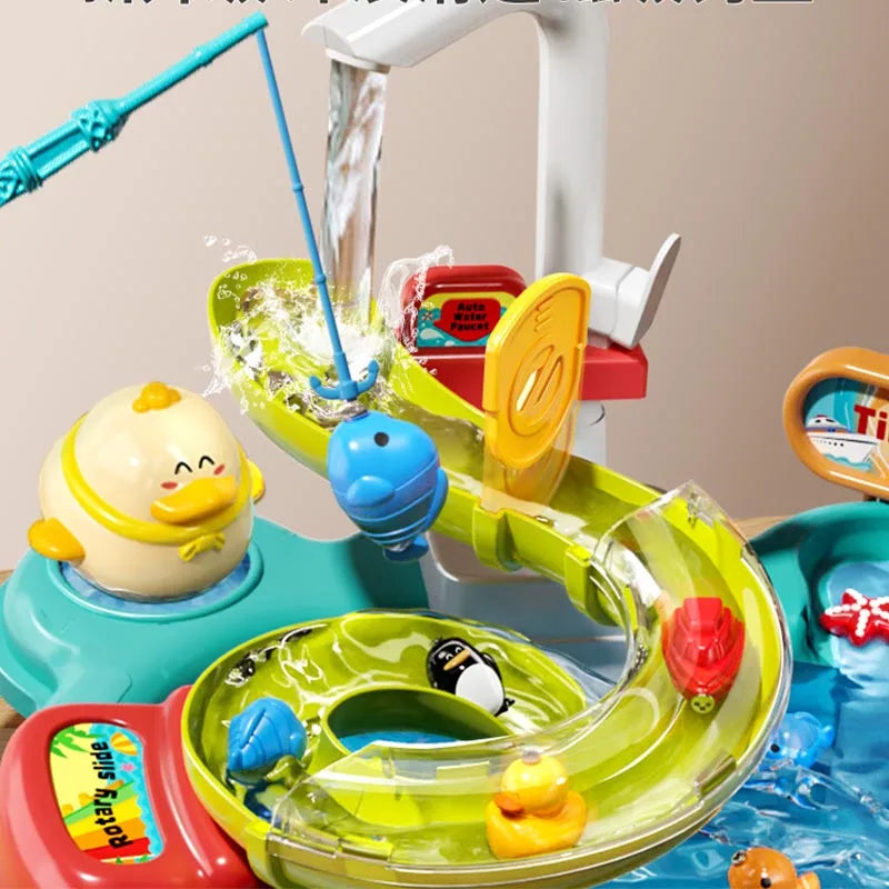 Children's Fishing Toys Electric Pretend Play Toys Dishwashing Basin Toys Gift Kitchen Interactive Toys 2-in-1 Slide Fishing Toy