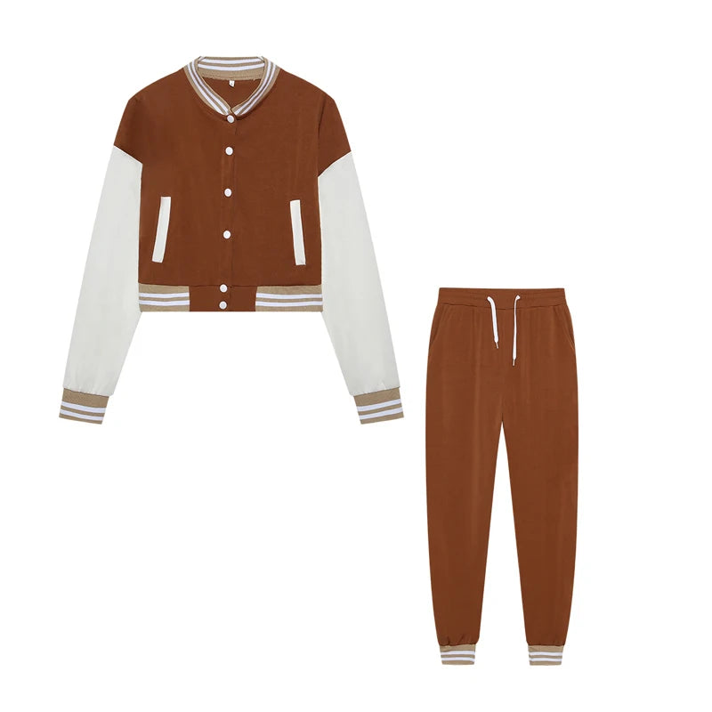 New Women's Stitching Jacket Single-breasted Baseball Sports Two-piece Suit