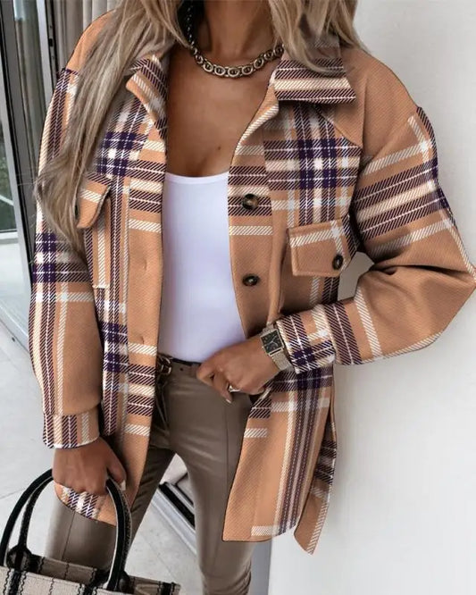Women's Fashion Autumn and Winter Blouses Jackets Strap Plaid Printed Woolen Jacket Ladies Casual Pockets Coats Clothing