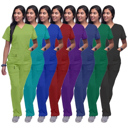 Latest Scrubs Uniforms Sets Nurse Surgical Uniforms Doctor Blouse Woman Hospital Scrubs Set with Pocket Dentist Clinical Tshirt