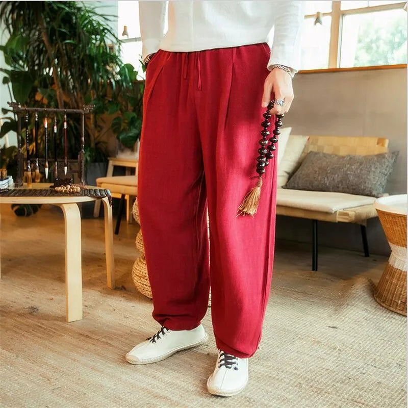 Large Size 6XL 7XL Men's Wide Leg Pants Cotton Linen Loose Harem Pants Summer Trousers Male Loose Pants Drawstring men clothing