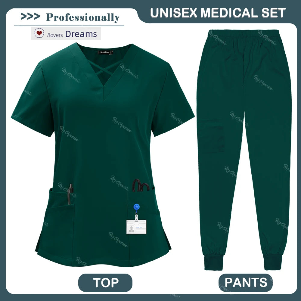 Beauty Tops+pants Medical Uniform Surgery Scrubs Set Short Sleeve Pet Shop Doctor Nurse Nursing Uniform Women Workwear Scrub Set