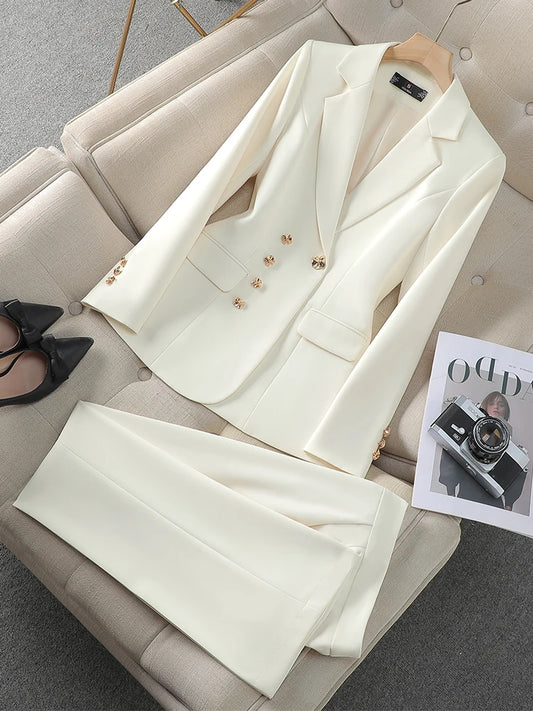 Autumn Winter Pink Black Beige Women Pant Suit 2 Piece Set Ladies Female Business Work Wear Formal Blazer Jacket And Trouser