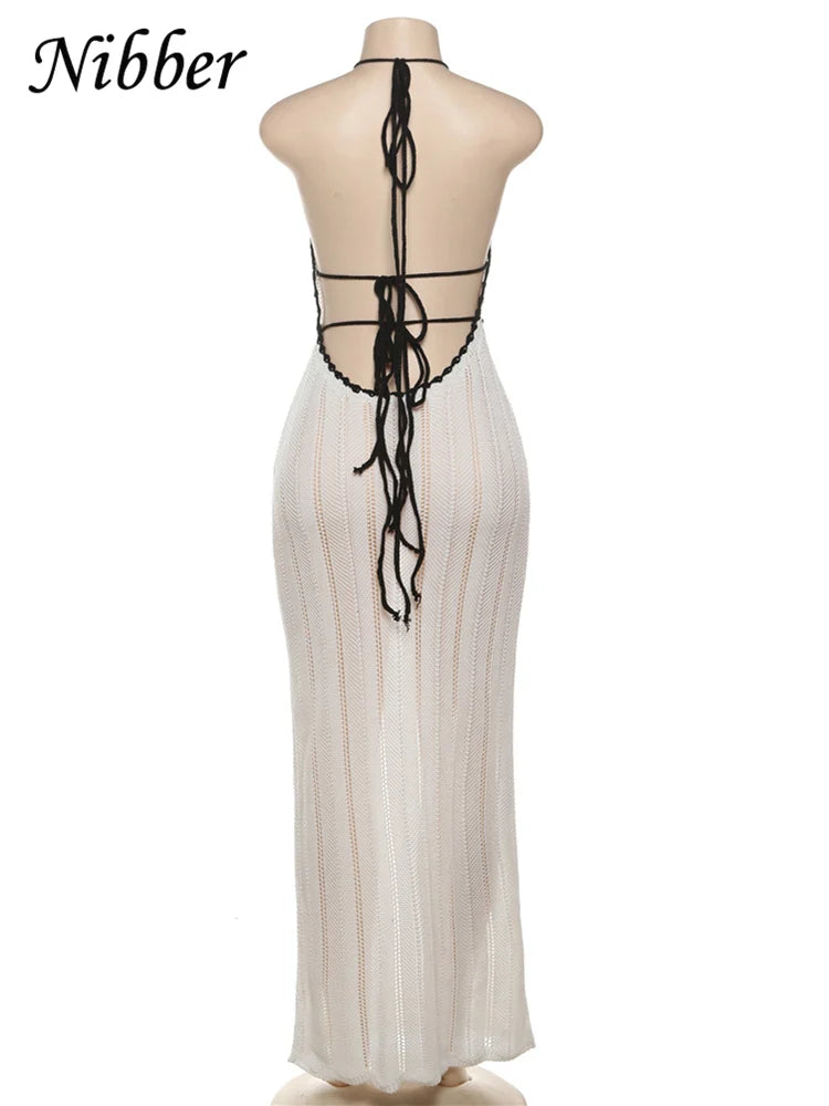 Nibber Sexy Elegant Halter Dress Women Summer Backless Lace-Up Color-Block Sleeveless Trendy Nightclub Wild Fashion Clothing