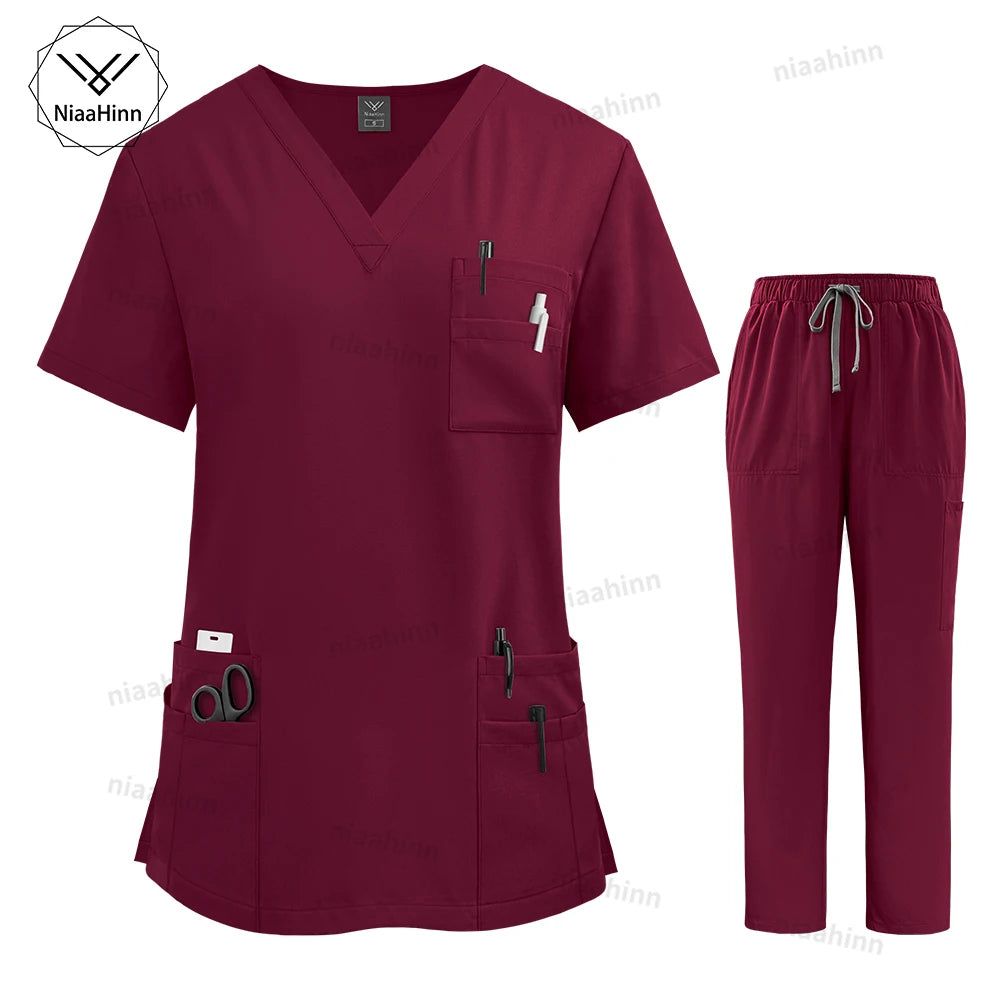 Scrubs Sets Woman Medical Nurse Spa Beauty Salon Workwear Clinical Scrubs Top + Pant Doctor Nursing Tunic Suit Surgical Uniforms